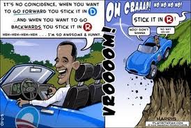 Obama driving off cliff cartoon