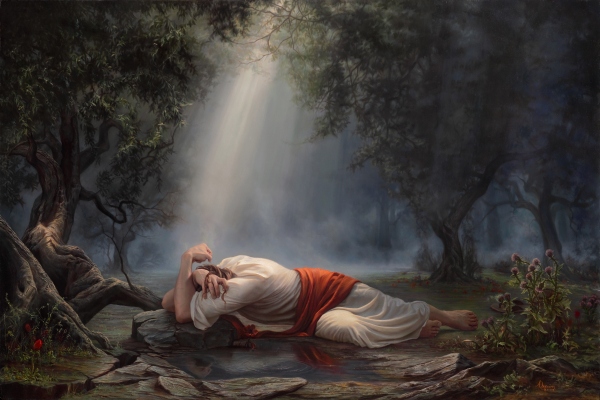 Jesus praying in anguish in the garden of Gethsemane