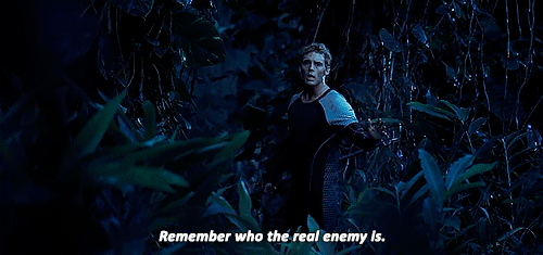 Remember who the real enemy is. Sam Claflin in Catching Fire